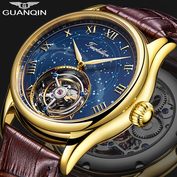 Guanqin Tourbillon Mechanical Watch Men Skeleton 100% Original Brand 2019 luxury Waterproof Leather Watch Relogio Masculino